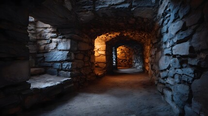 Atmospheric ancient stone tunnel with arched passages illuminated by warm interior light and shafts of natural light