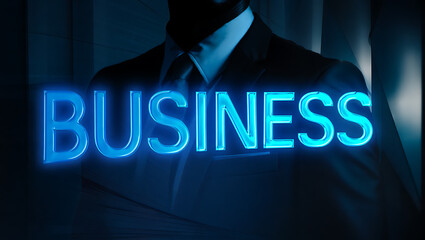Neon blue 'business' sign illuminating a dimly lit professional environment