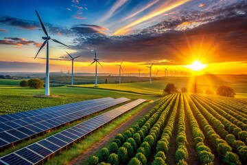 Sustainable Energy Landscape: Wind Turbines, Solar Panels, and Biofuel Farm