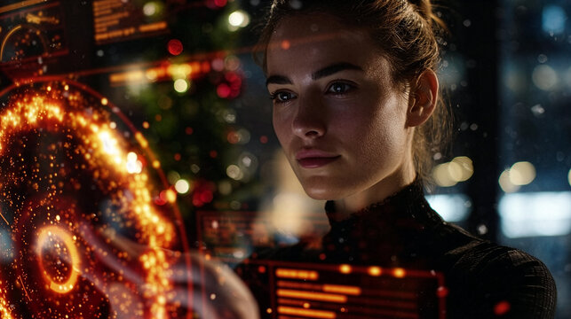 Professional Woman Monitoring Futuristic Holographic Command Center Interface