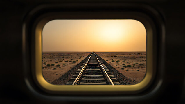 Train window view of endless railway tracks receding into a warm desert sunset landscape. - Powered by Adobe