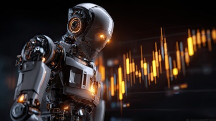 Futuristic Insights: A sleek android stands vigilantly before an illuminating financial graph, representing the future of technology and its impact on the business landscape.
