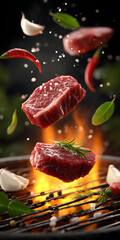 Grilled beef steaks with vegetables and spices fly over the glowing grill barbecue fire.