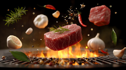 raw beef steaks with marbling, floating in mid-air above a flaming grill, surrounded by flying ingredients such as garlic, onion rings, chili peppers, bay leaves, rosemary, black pepper 