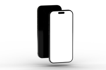 High-quality mockup of two black smartphones with blank screens, ideal for app presentations or website designs.