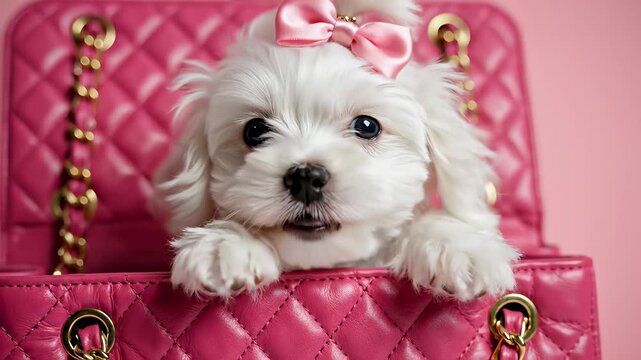 Playful puppy sits in a charming pink purse adorned with a matching bow, exuding an aura of adorable whimsy, conceptually embodying the idea of cuteness and playfulness, inviting stock media.