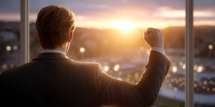 Smart business professional celebrates success watching sunrise from office window with raised fist hopeful confident