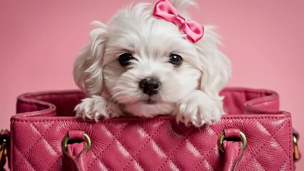 Adorable puppy snugly tucked into bright pink purse with matching bow on top, exuding youthful playfulness and carefree joy, perfect for visuals requiring lighthearted and approachable tone in.