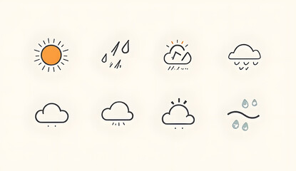 Vector icon set of minimalist weather symbols (sun, rain, cloud, wind), consistent stroke weight