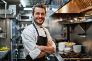 Fototapeta premium Young man smiling in a professional kitchen
