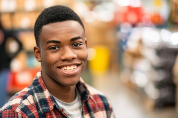Smiling young man in a warehouse setting