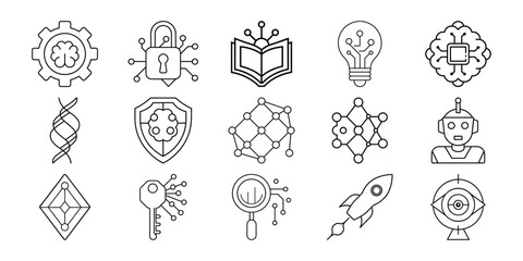 Collection of thin line 15 icons representing various data science and technology concept