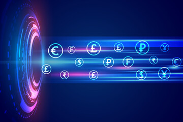Global currency symbols streaming from futuristic neon portal on dark blue background, perfect for forex trading banking fintech payment banners. Abstract digital art style.