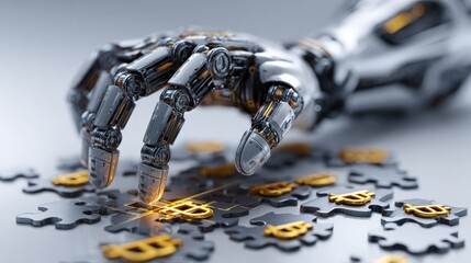 Mechanical grasp of Cryptocurrency: A robotic hand carefully interacts with cryptocurrency tokens scattered across a metallic surface, symbolizing the fusion of technology and digital finance.