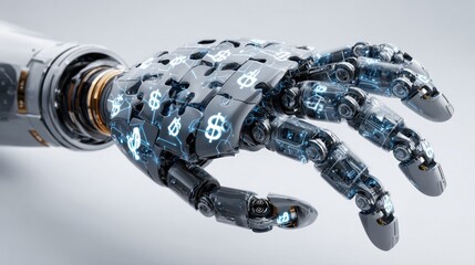Cybernetic Hand: A detailed perspective of a futuristic cybernetic hand with glowing dollar sign patterns, depicting a fusion of technology and financial concepts.
