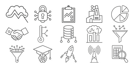 Set of artificial intelligence 15 icons, machine learning, big data, and cloud computing