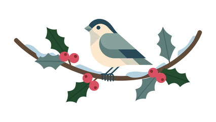 Winter Bird Perched: A charming illustration captures a solitary bird gracefully perched on a branch adorned with holly and berries, embodying the serenity of a winter season. 