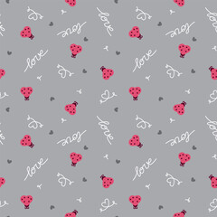 Gray seamless pattern with red ladybugs and handwritten love text for romantic modern designs