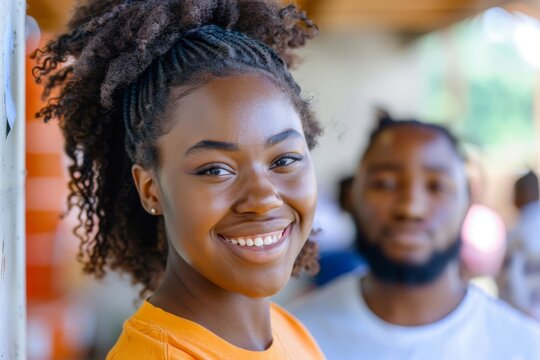 Young woman smiling at a social gathering