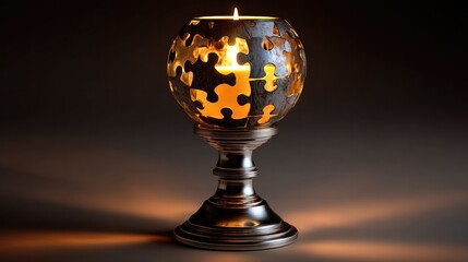 Candlelight Enigma: An artistic candle holder, adorned with puzzle piece cutouts, casts a warm glow, creating a mesmerizing play of light and shadow, sparking a sense of mystery and intrigue.