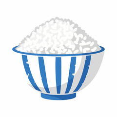 A vibrant cartoon illustration of a heaping mound of fluffy white rice served in a classic ceramic bowl with bold blue vertical stripes, isolated against a plain background