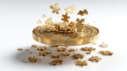 Financial Puzzle: A dazzling arrangement of golden puzzle pieces as they cascade over a gold coin, embodying the challenges and complexities of finance.