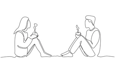 Continuous one line drawing of couple holding coffee cups talking to each other, symbolizing calm connection, relaxation, and meaningful conversation, single line art.