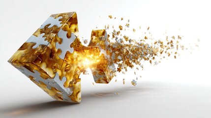 Puzzle Arrow and Fragmentation: An abstract representation of a puzzle arrow, its form dissolving into particles, creating a sense of dynamic progression and potential energy. 