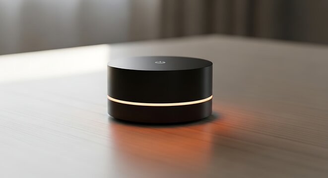 A sleek, modern black smart home device with a glowing orange light base sits on a wooden surface.