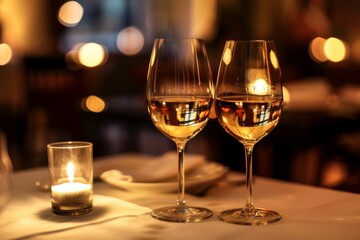 Obraz premium Two glasses of white wine on a romantic dinner table