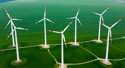 Close up rows of modern white wind turbines on green hills generate clean energy under a clear blue sky