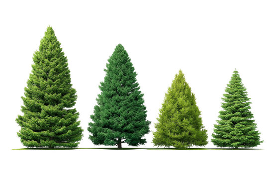 Four distinct evergreen trees of varying heights and densities, presented isolated on a transparent background for easy use