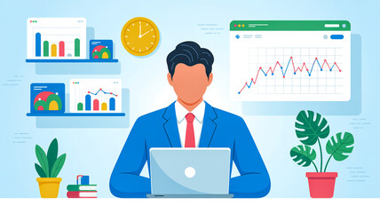 Fototapeta premium Man in blue suit working on laptop with charts and plants in office graphs