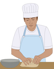 people food. male baker kneading dough isolated on a white background