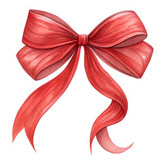 A beautifully hand-painted red ribbon bow with flowing tails. perfect for gift wrapping or festive decorations. watercolor techniques and intricate detailing