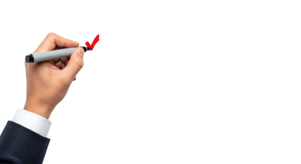 Hand in professional cuff marking vivid red check on black checklist with marker, transparent background, soft studio lighting, top-down shot, concept of project success