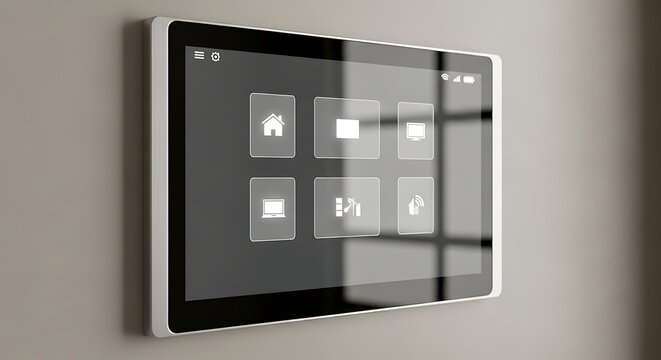 A modern wall-mounted touchscreen control panel displaying a grid of icons. - Powered by Adobe