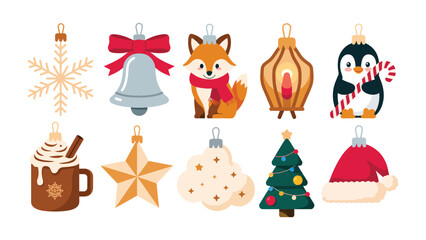 Festive Ornaments of Yuletide: A whimsical array of festive ornaments for the holidays, featuring a snowflake, a bell, a fox, a lantern, a penguin, a drink, a star, a cloud, a tree, and a cap.