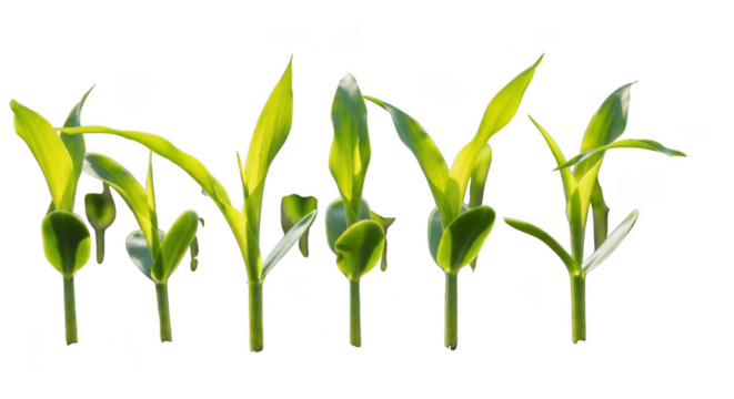 Young corn plant isolated on transparent background with vibrant green leaves