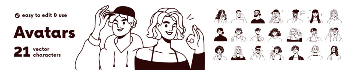 Naklejka premium People avatars set in outlined lineart style. Head portraits of young smiling male and female characters. Happy men and women, user profiles. Flat vector illustration isolated on white background.