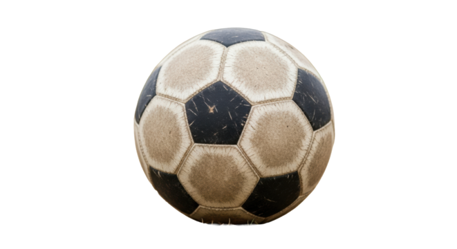 Aged, scuffed soccer ball, black and dirty white panels, on dry grass with soft golden hour side light and bokeh, concept of perseverance and resilience.