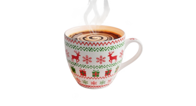 Christmas mug with hot coffee isolated on transparent background for holiday
