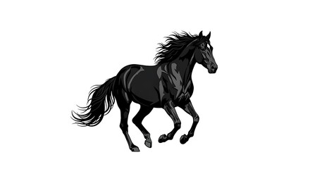 Majestic black horse galloping with flowing mane and tail isolated on white background