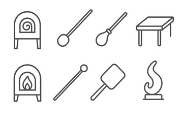 Fototapeta premium Glassblowing Icons. Line style icons of Glassblowing: Annealing Oven, Blowpipe, Molten Glass, Marver, Furnace, Pontil, Shaping