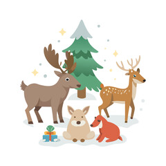 Cute christmas animals gathering around a christmas tree