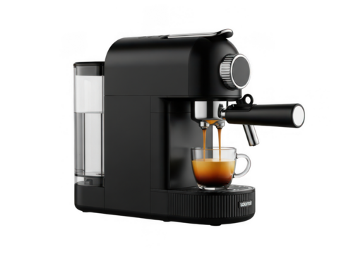 Black espresso machine pouring coffee into a clear glass cup