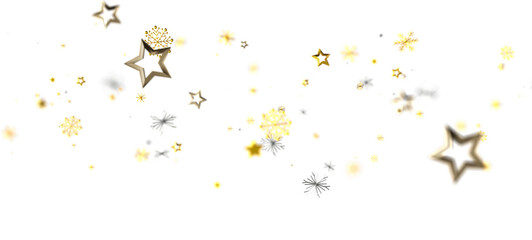 Sparkling Christmas and New Year background with gold stars and snowflakes on a clean white backdrop. Perfect for holiday designs and seasonal g