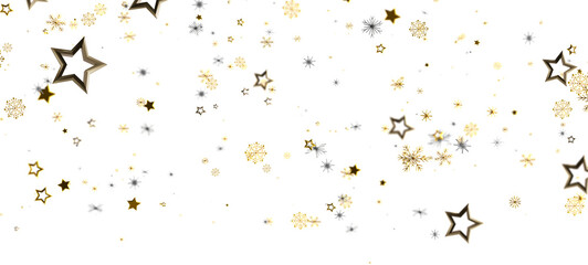 Abstract festive background of gold and silver stars and snowflakes on white. Ideal for Christmas and New Year designs, celebratory themes, and