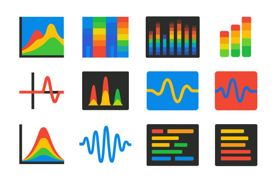 Modern Spectrogram Icons. Flat vector icons of Spectrogram Studies: frequency chart, color heatmap, spectrogram grid, audio bar