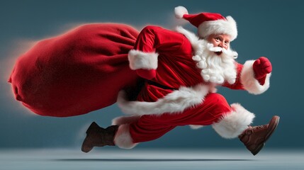 Dynamic Santa Claus run with delivery sack, red suit, white beard, speed motion for Christmas logistics, retail promo, shopping campaign. Holiday shipping and express service for winter sale banner